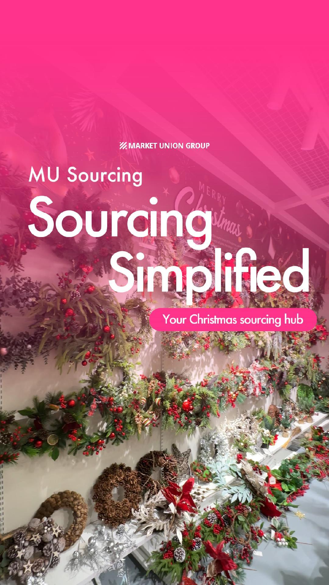 MU Group's Christmas showroom in China — a full Christmas sourcing hub covering wreaths, garlands, trees, ornaments and party ranges.