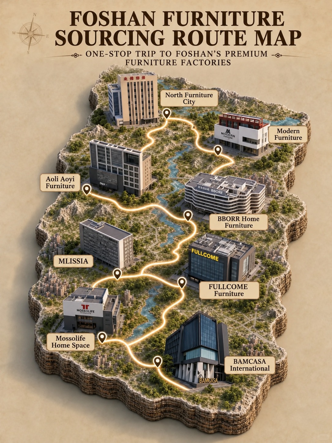 Illustrative Foshan furniture sourcing route map for planning a multi-stop market visit