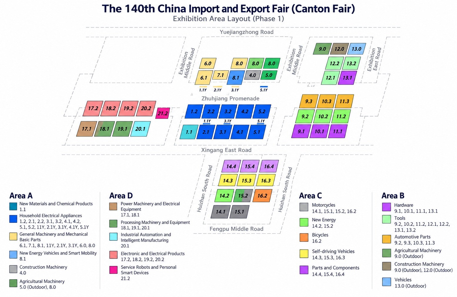 English Phase 1 layout of the 140th Canton Fair showing Areas A, B, C and D